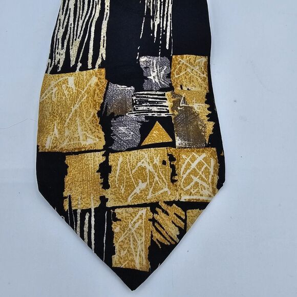 Mens Necktie Villa Bugatti multicolor geometric 100% silk, Black Gold 57 By 4In - Picture 4 of 7